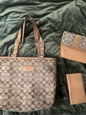 COACH Dark Beige Signature Canvas Shoulder Bag, Zip Top, Medium preowned